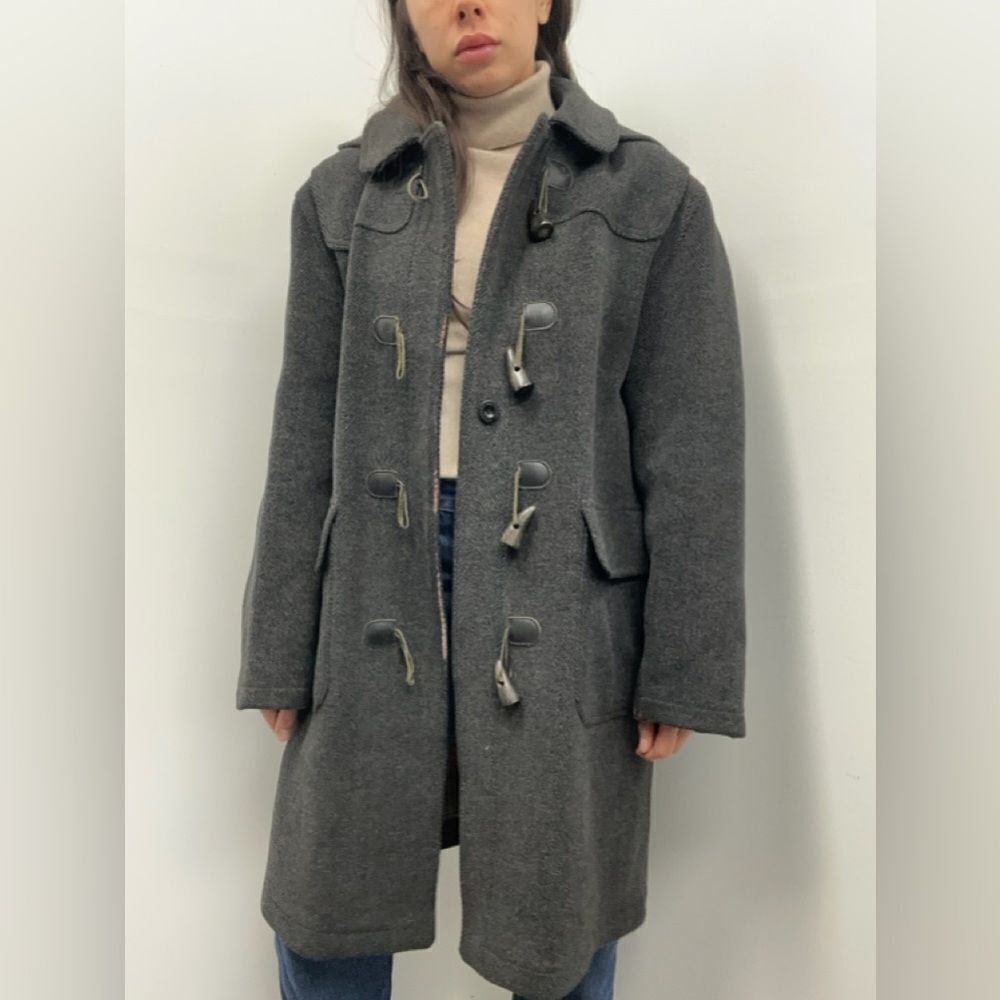 Vintage Mulberry London 90's Gray Wool Herringbone Hooded Toggle Pea Coat Size M - Picture 2 of 13